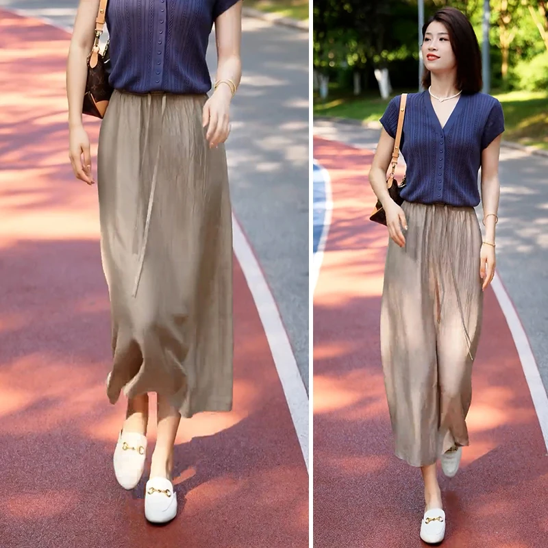 高腰缎面a字半身裙女薄款2025新款流行垂坠感休闲中长款直筒裙子