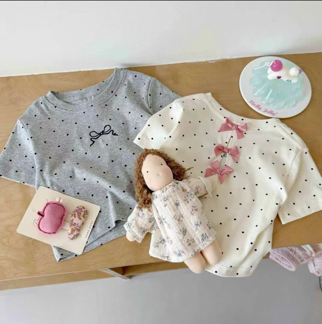 25夏季新款甜美波点刺绣立体蝴蝶结短袖T恤女宝上衣可爱