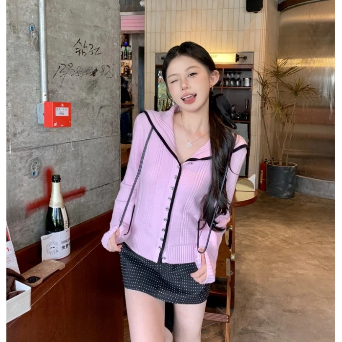 韩系粉色海军领长袖针织开衫女秋季温柔修身上衣波点半身裙两件套