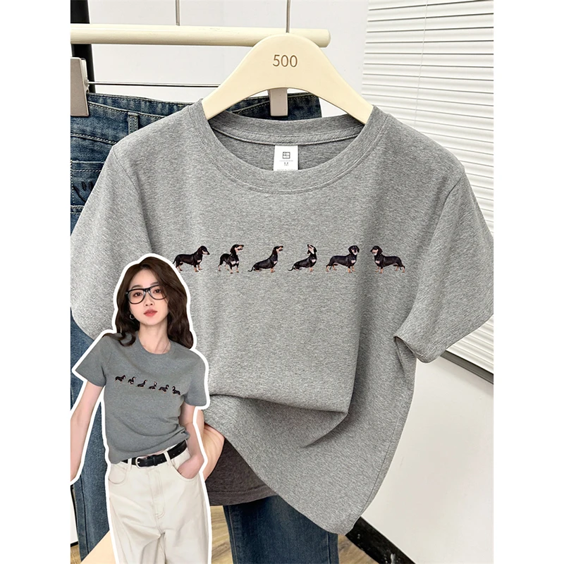 俏皮可爱腊肠狗印花正肩修身短袖t恤女洋气复古灰棉弹力显瘦上衣