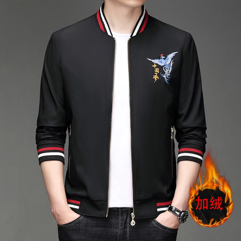 国潮刺绣外套男秋冬季国风潮流夹克男立领修身加厚保暖男士棒球服