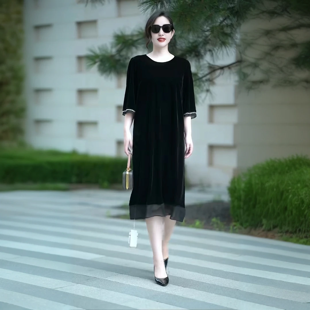 8858高端原版早秋新款金丝绒短袖中长款连衣裙春秋显瘦复古气质