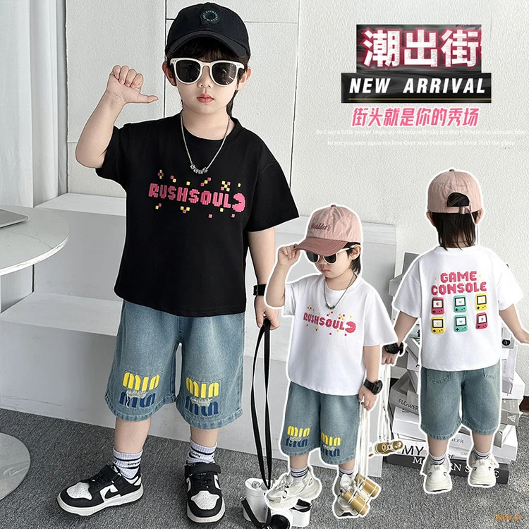 2025新款夏季潮童套装男女童时尚印花T恤牛仔短裤两件套百搭帅气
