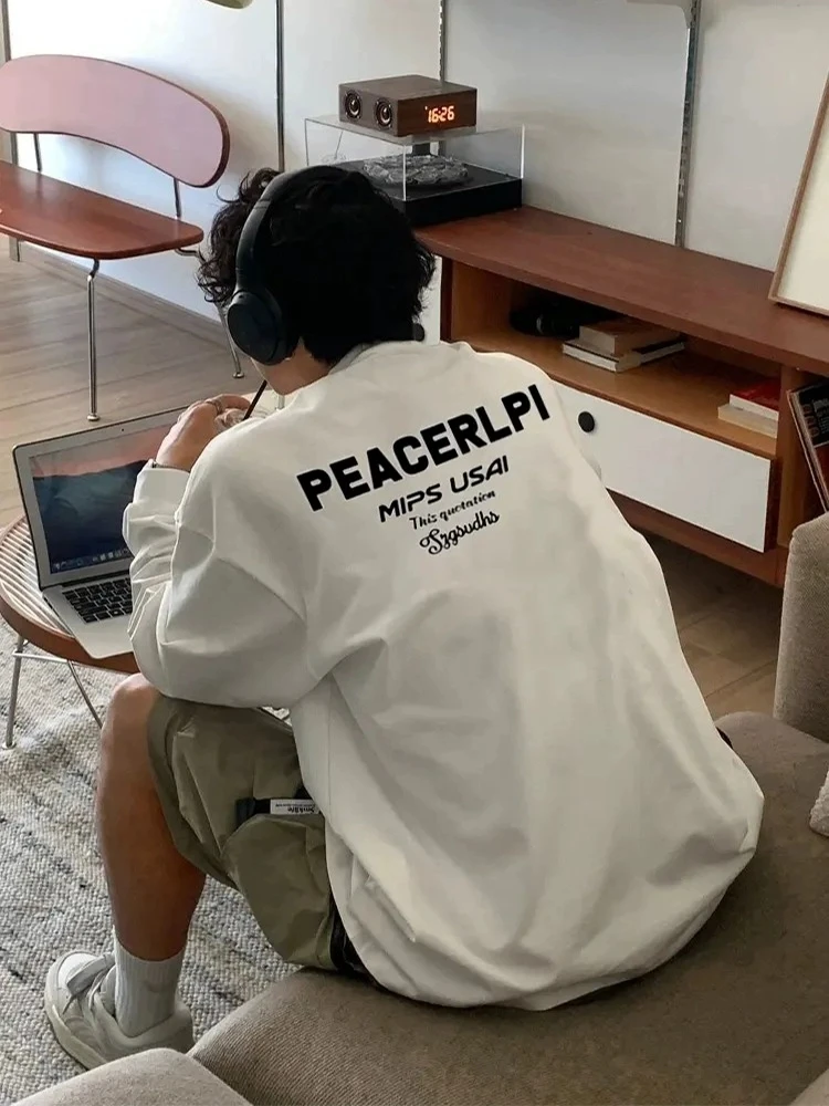 重磅长袖男纯棉美式高街罗口t恤潮牌痞帅炸街打底衫秋内搭潮流