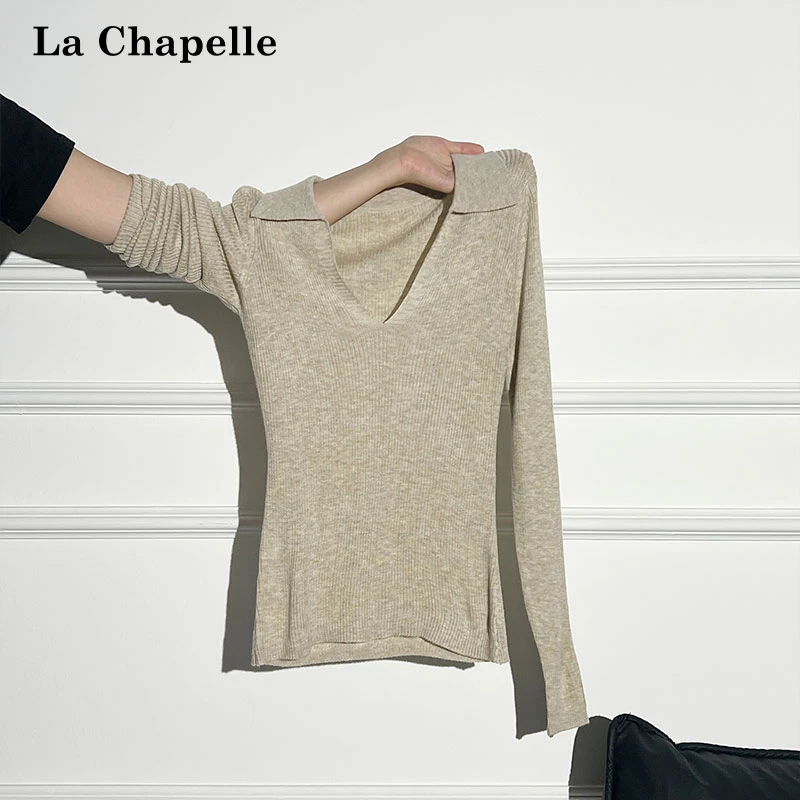 拉夏贝尔原宿风纯色翻领针织长袖T恤女秋季设计感收腰修身小上衣