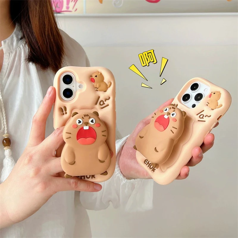 苹果｜土拨鼠支架可爱适用iPhones16可爱创意网红立体软硅胶手机壳