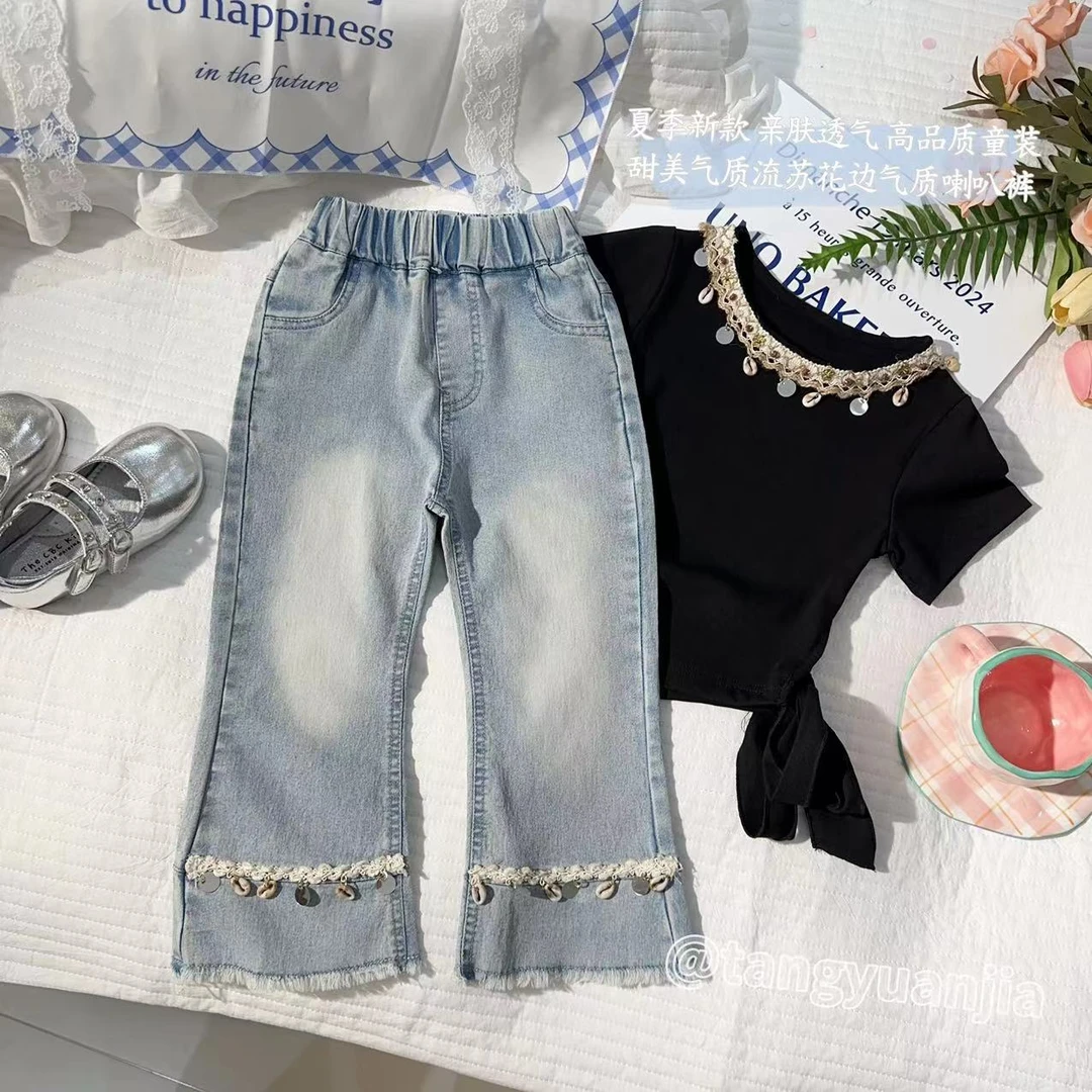 汤圆家童装2025夏季新款韩系气质复古流苏喇叭裤 YA-1712