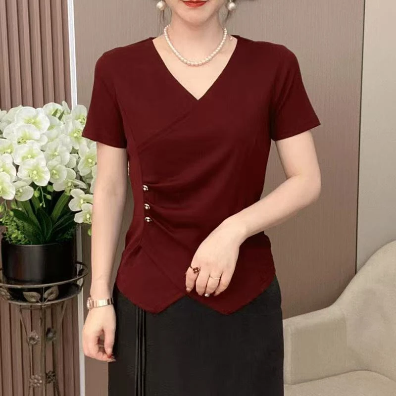 【捏折三扣】夏季女短袖遮肉显瘦气质时尚百搭不规则收腰v领纯色T恤