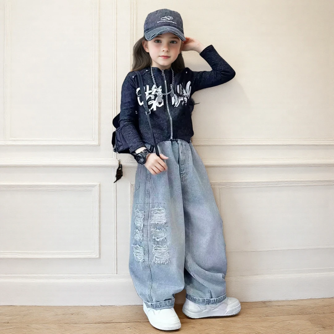 女童春装套装2025新款洋气中大童时髦休闲儿童装女孩牛仔裤两件套