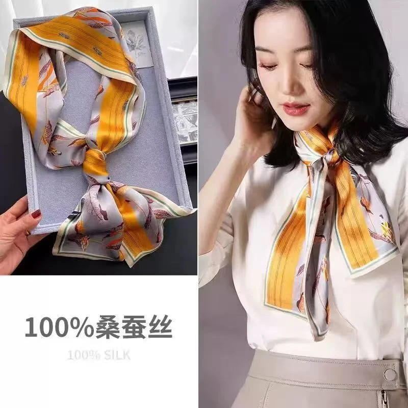 100%桑蚕丝【五彩树叶】145x16cm长飘带双层真丝丝巾女士气质G326