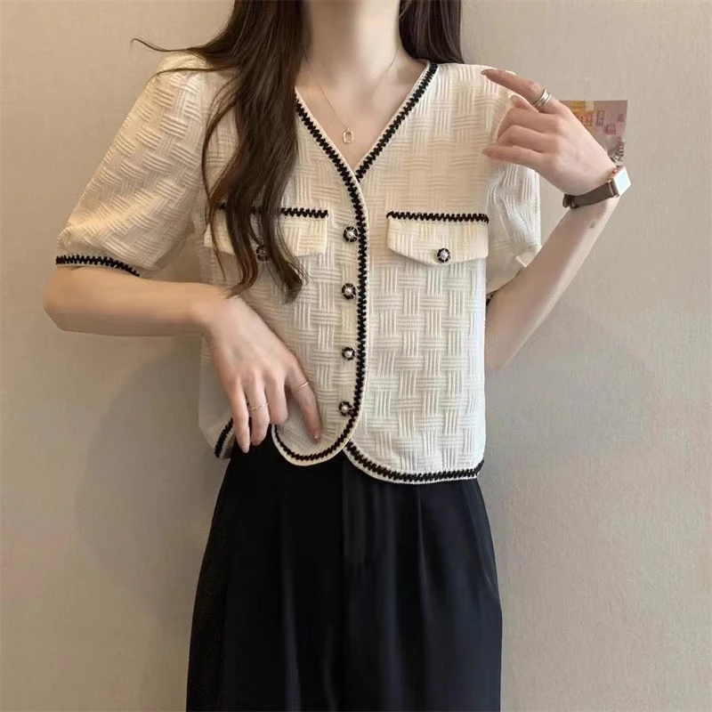 法式小香风撞色衬衣女夏季微胖大码显瘦上衣气质泡泡袖V领衬衫潮