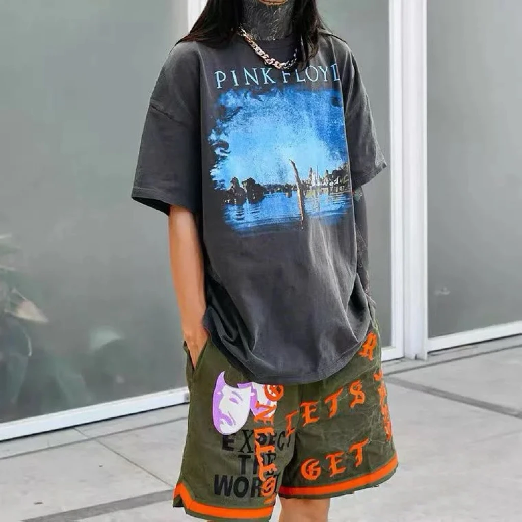 美式做旧洗水军布重磅梵文刺绣拳击短裤绿色宽松运动潮流百搭短裤