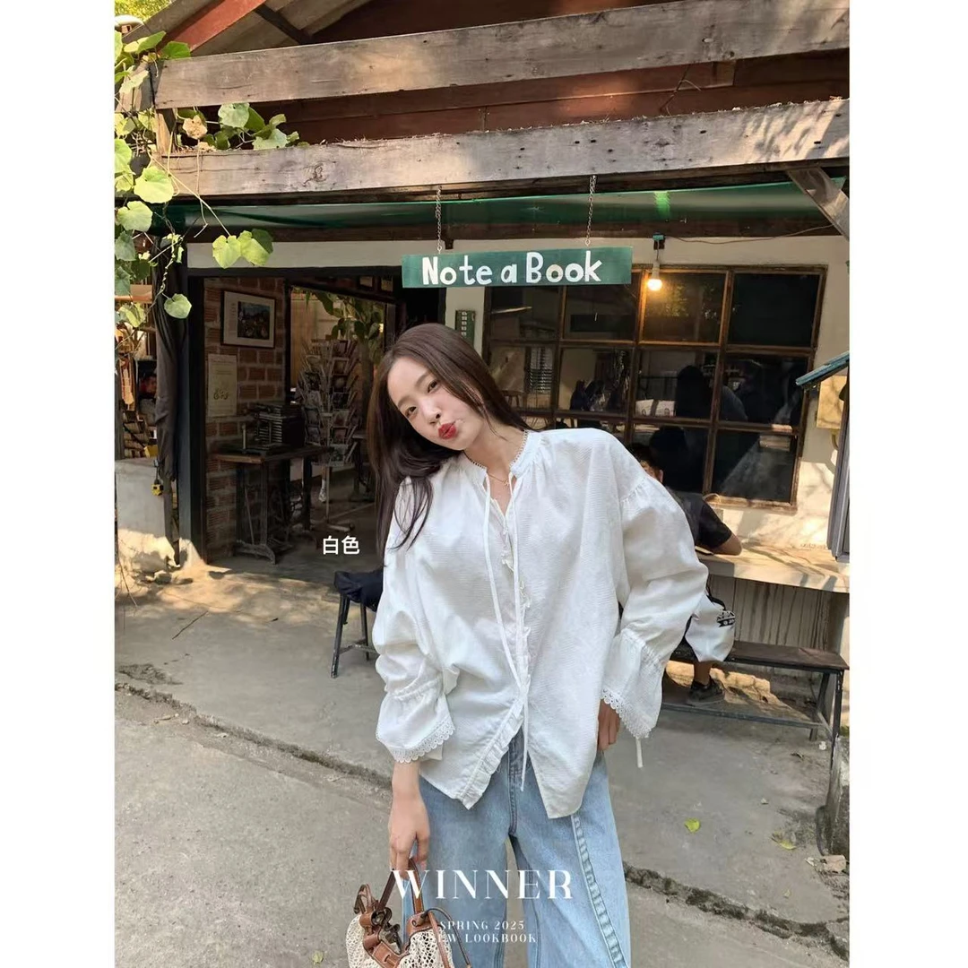 韩系简约设计感花边系带衬衫6629 衣长68