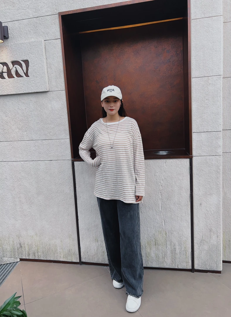 秋款长袖针织圆领条纹T恤