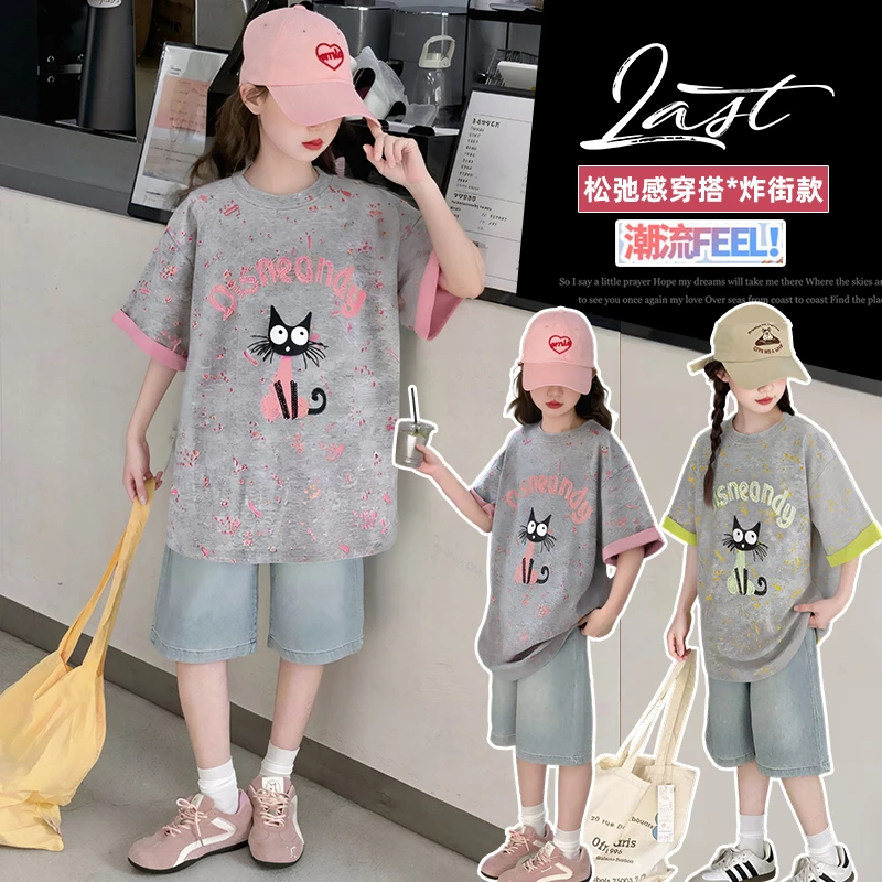 2025女大童休闲夏季新款韩版洋气斑点双面色女孩短袖短裤两件套