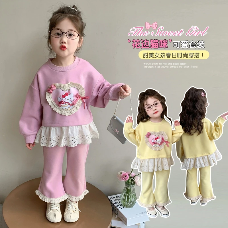 女童花边套装洋气儿童2025新款女宝宝卫衣喇叭裤两件套时髦小女孩