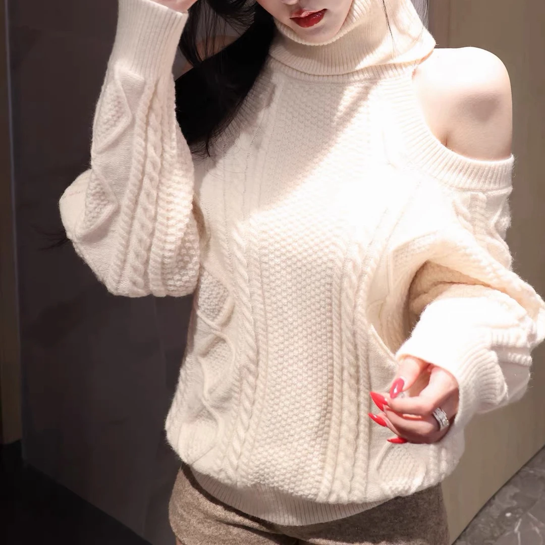 高领露肩长袖纯欲慵懒风毛衣女秋冬宽松显瘦绞花针织衫上衣