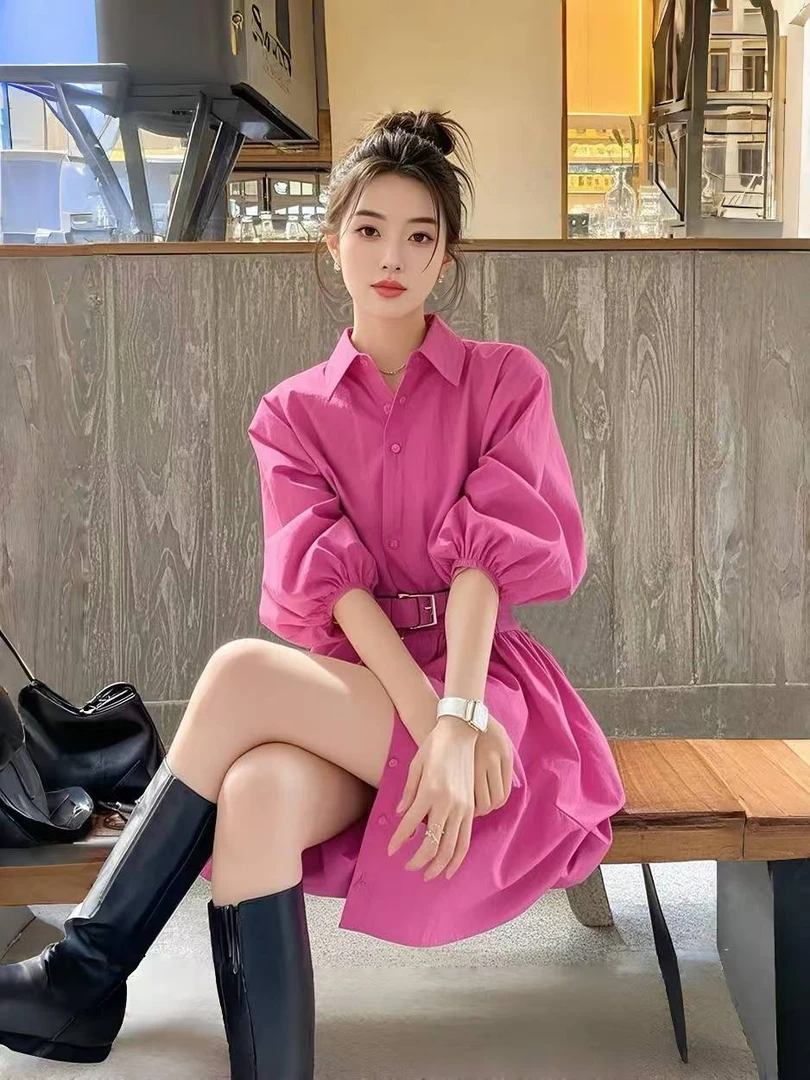 御姐穿搭轻奢高级感小众玫粉色翻领连衣裙女2025年春季气质衬衫裙