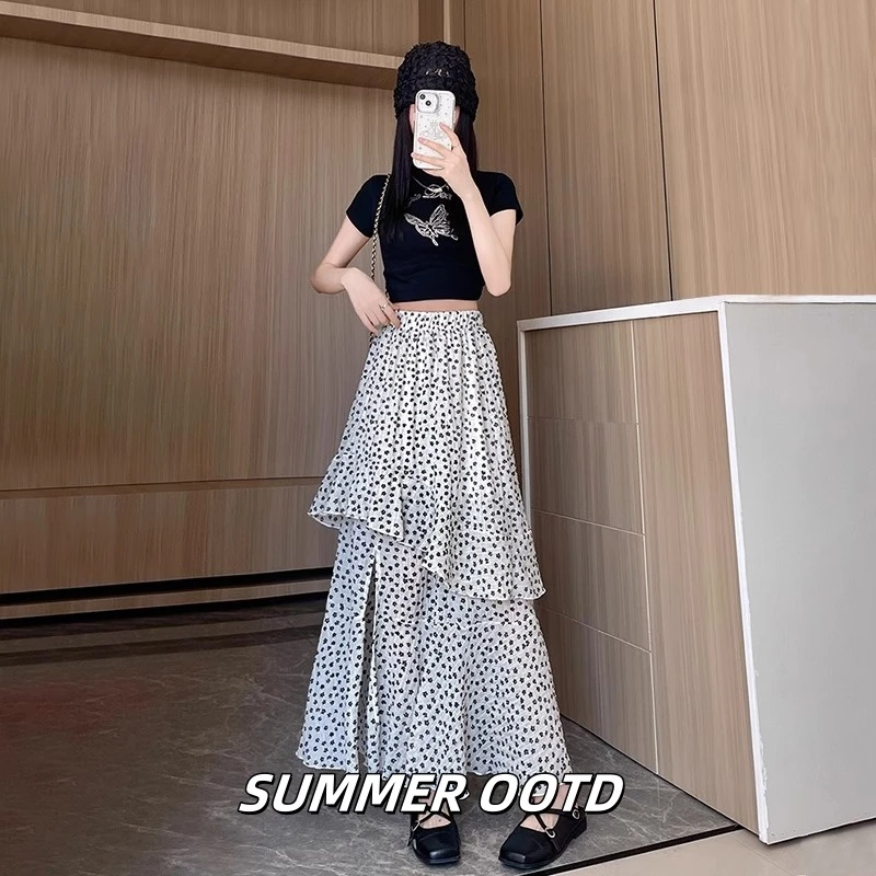 白色碎花半身裙女夏季不规则开叉a字鱼尾裙2025新款高腰显瘦长裙