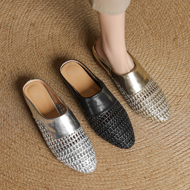 3cm软底软面编织镂空包头半拖鞋女2025春夏季新款中跟透气穆勒鞋