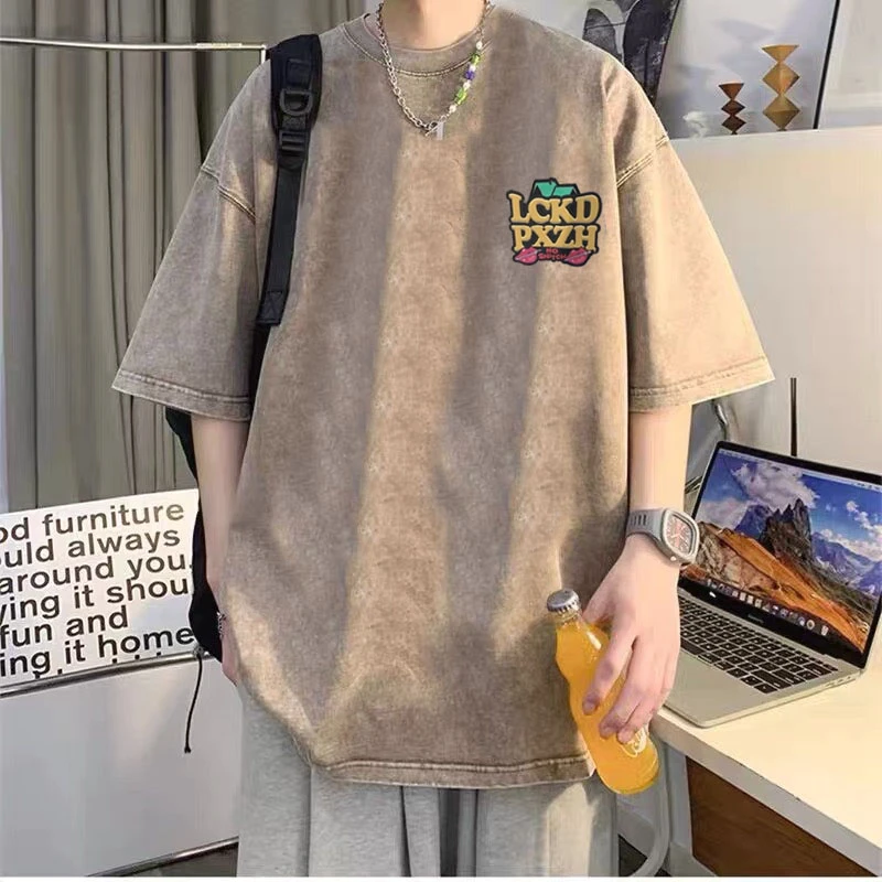 五分袖夏季宽松男士日系水洗大码潮男t恤短袖T恤复古短袖青年