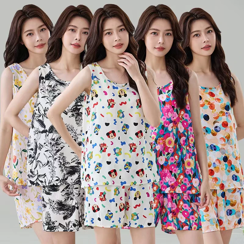 甜美风无袖背心短裤两件套夏季棉绸睡衣女套装防蚊休闲家居服夏装