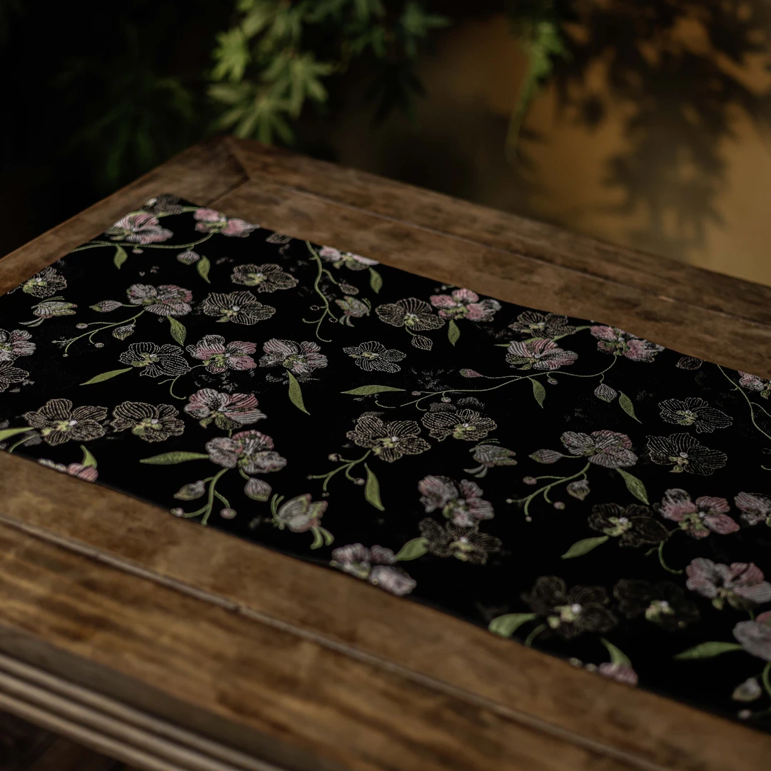 【见珊】<粉绒花>织锦茶席80*40（慢蓝S1009）