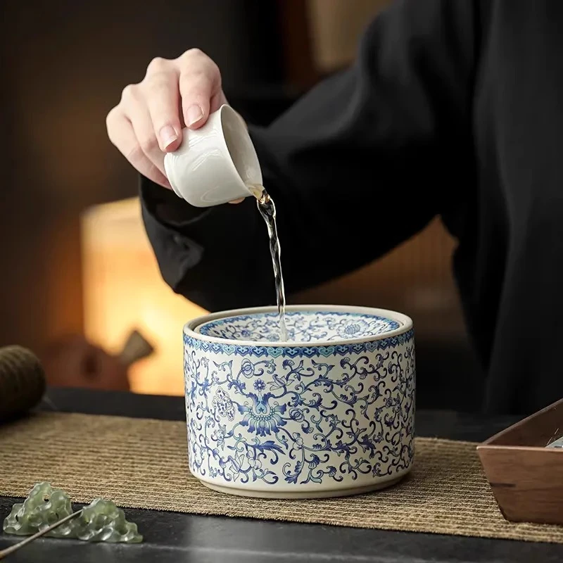 汝窑国风烟灰缸防飞灰缠枝莲茶洗陶瓷茶渣缸水盂杯洗家用茶具配件