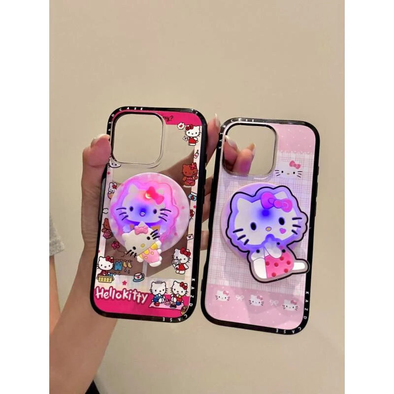 卡通粉白格纹围边猫咪闪光灯磁吸适用iphone16promax苹果15手机壳