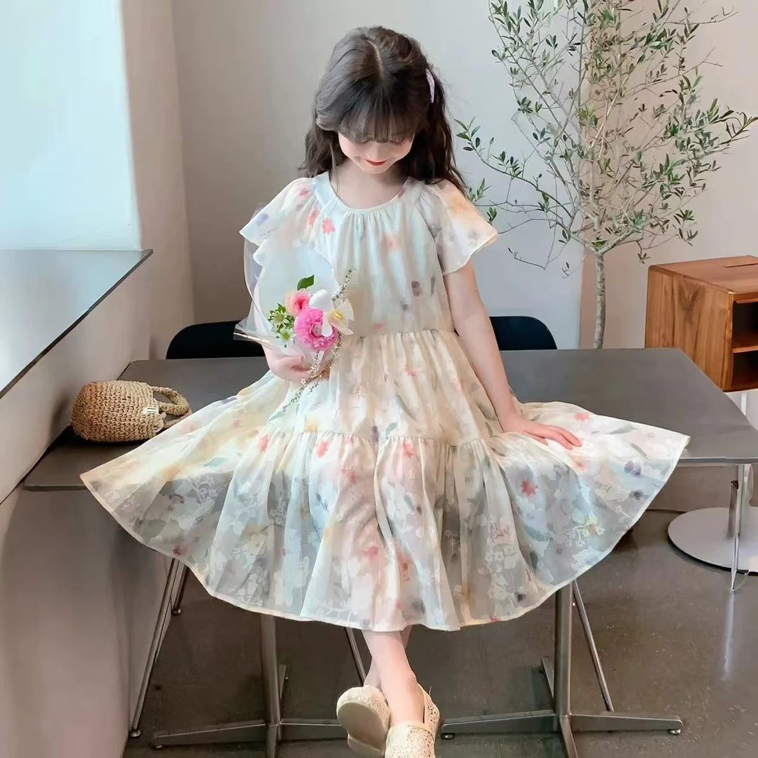 【小慕家】2025夏儿童新款洋气休闲百搭印花甜美时尚连衣裙77778