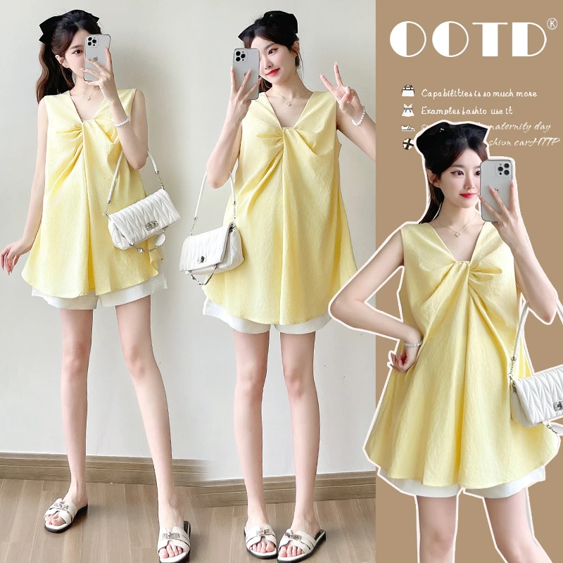 时髦孕妇装新款2025夏季甜美减龄款蝴蝶结前后两穿娃娃衫上衣套装