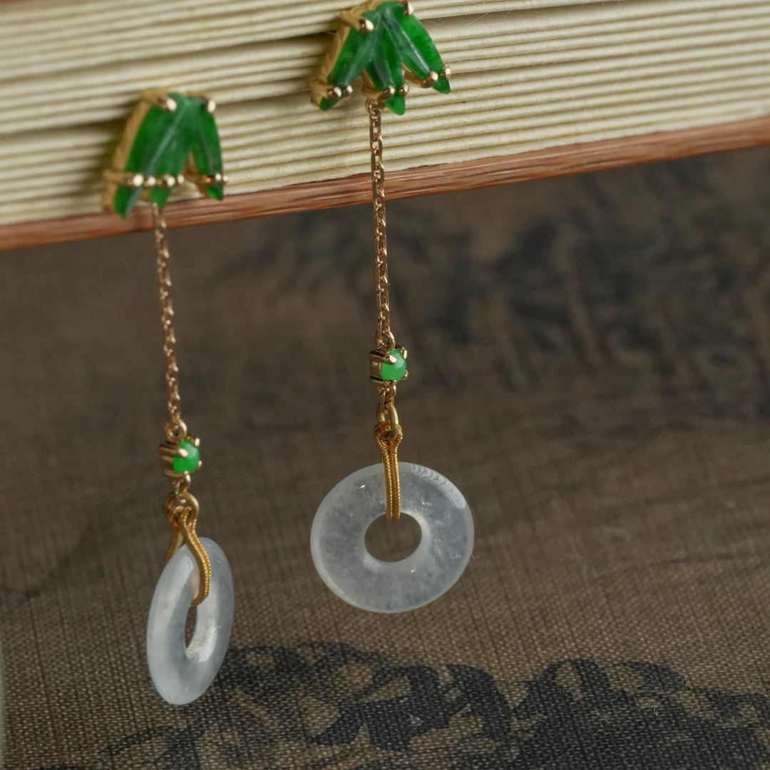 【观月】【竹】翡翠竹叶18K金耳环