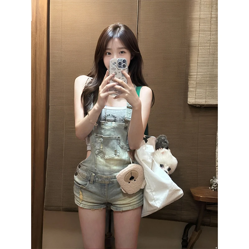 KSKM蓝色牛仔背带裤女2026夏季新款做旧复古破洞辣妹包臀紧身短裤