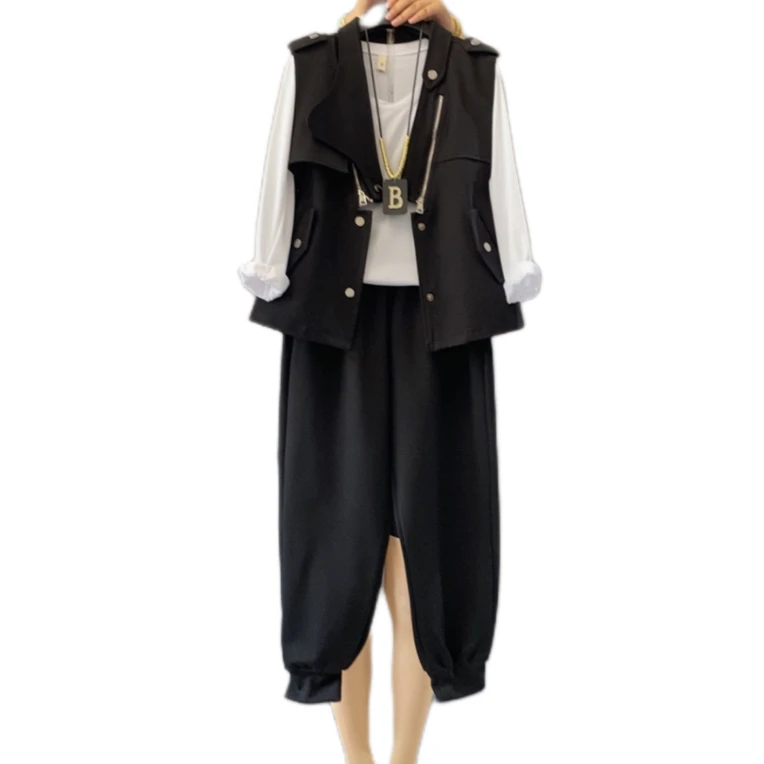 秋季新款女装大码遮肉时尚气质显瘦休闲马甲裤子显瘦胖妹妹套装女