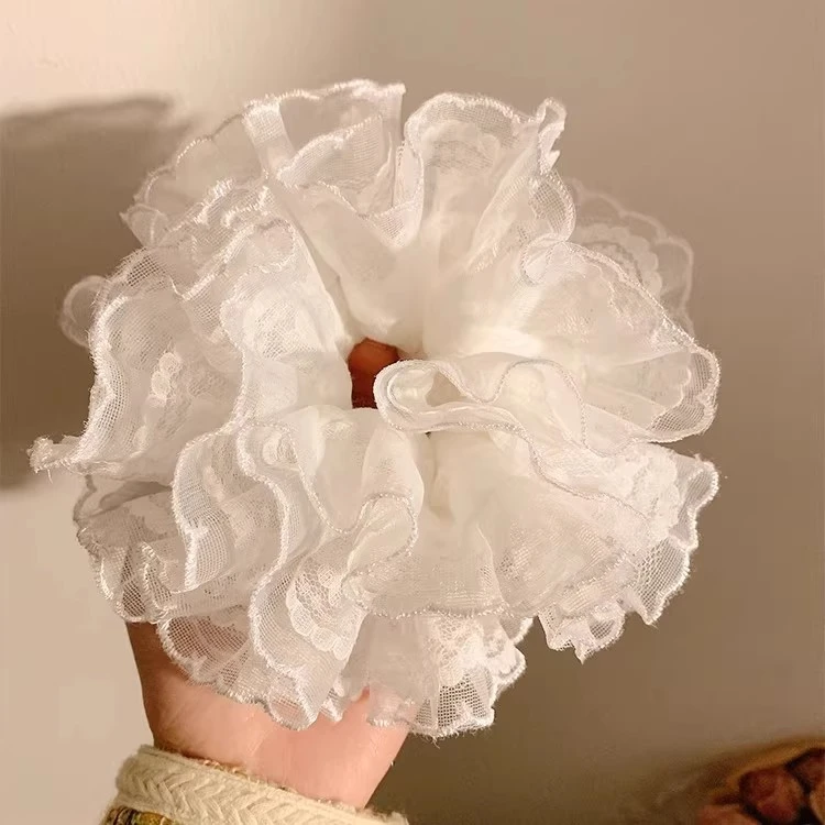 韩系白色蕾丝双层大肠发圈女高级感百搭扎头发绳大号头绳头花发饰