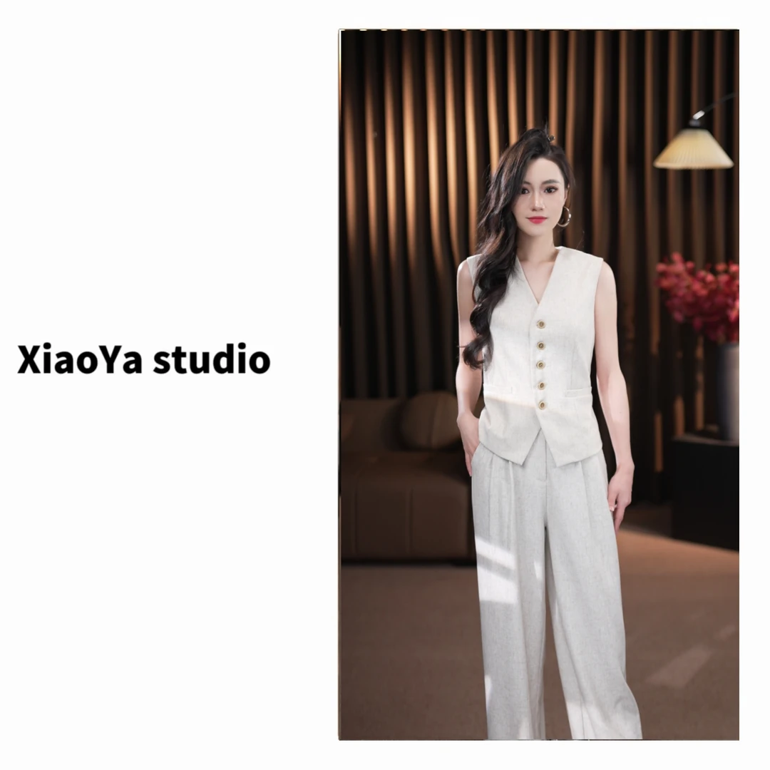 【香雪】 25251 春夏新款老钱风马甲+阔腿裤套装女 高定轻奢气质