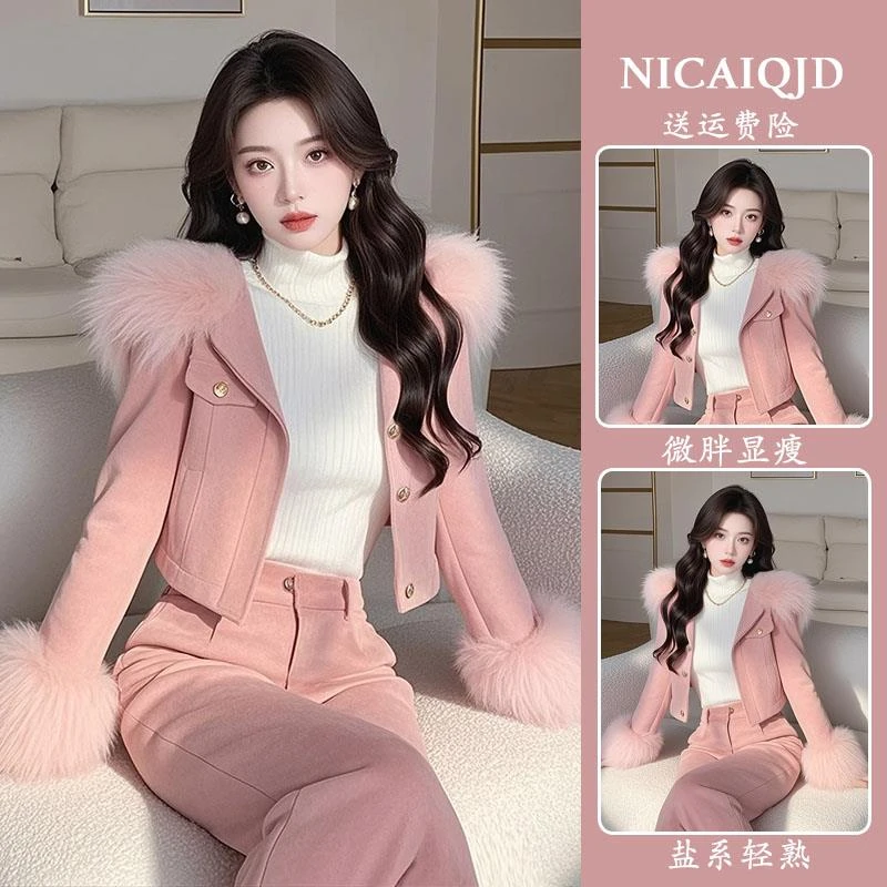 .韩系小香风套装冬季气质名媛穿搭高级感粉色麂皮外套休闲裤两件.