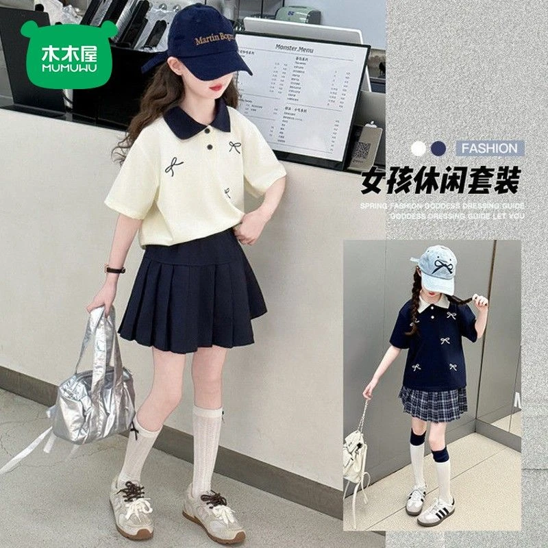 木木屋女童POLO衫蝴蝶结短裤套装夏季2025新款中大童织带短袖休闲