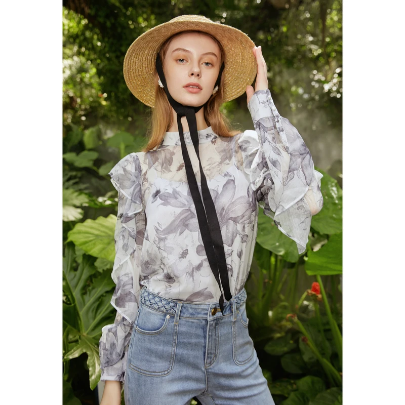 【陈大可专属】恩曼琳春季立领荷叶边优雅印花蝴蝶结雪纺衫EANCCA45