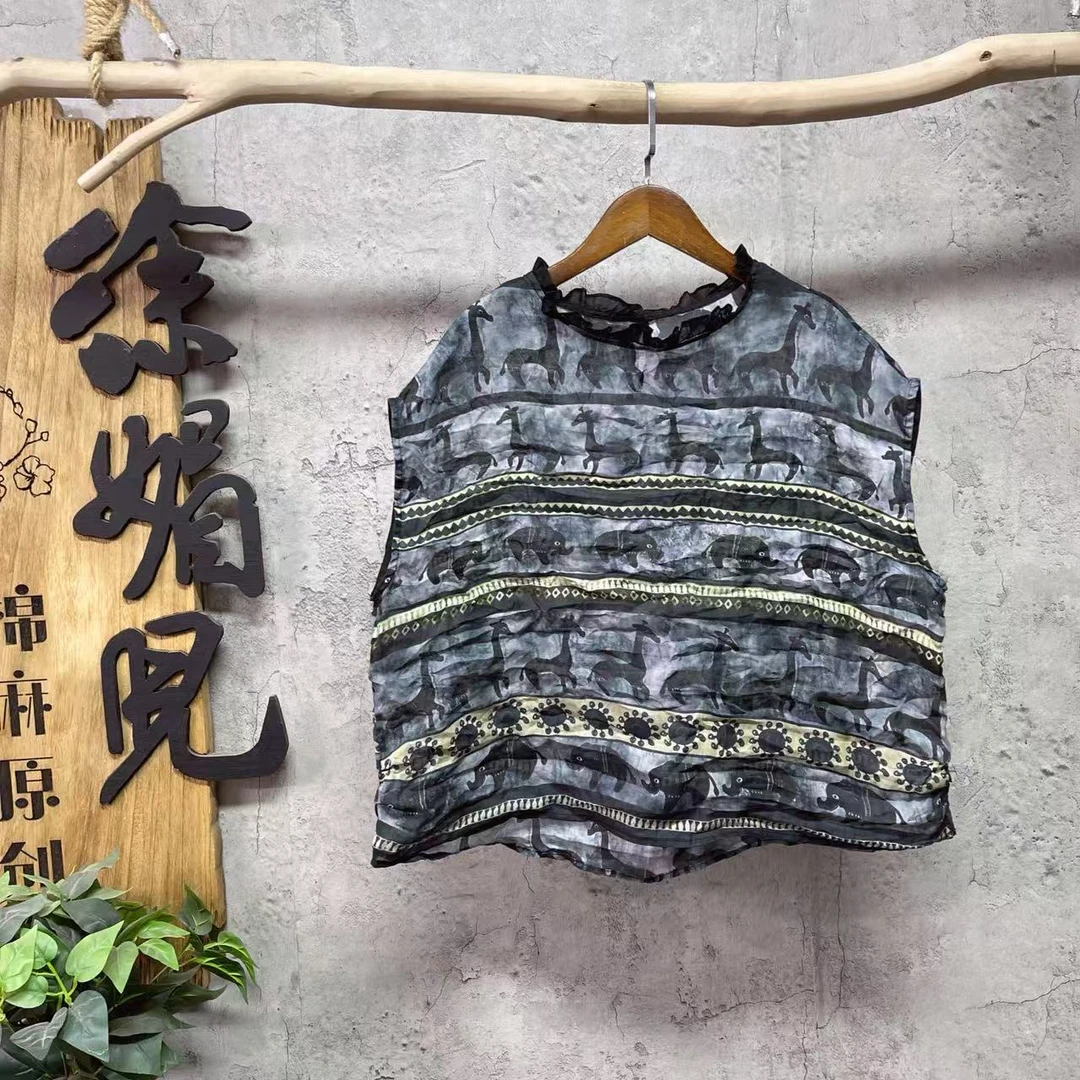 媚儿~夏季新款苎麻印花木耳边上衣（衣长60 胸围115）