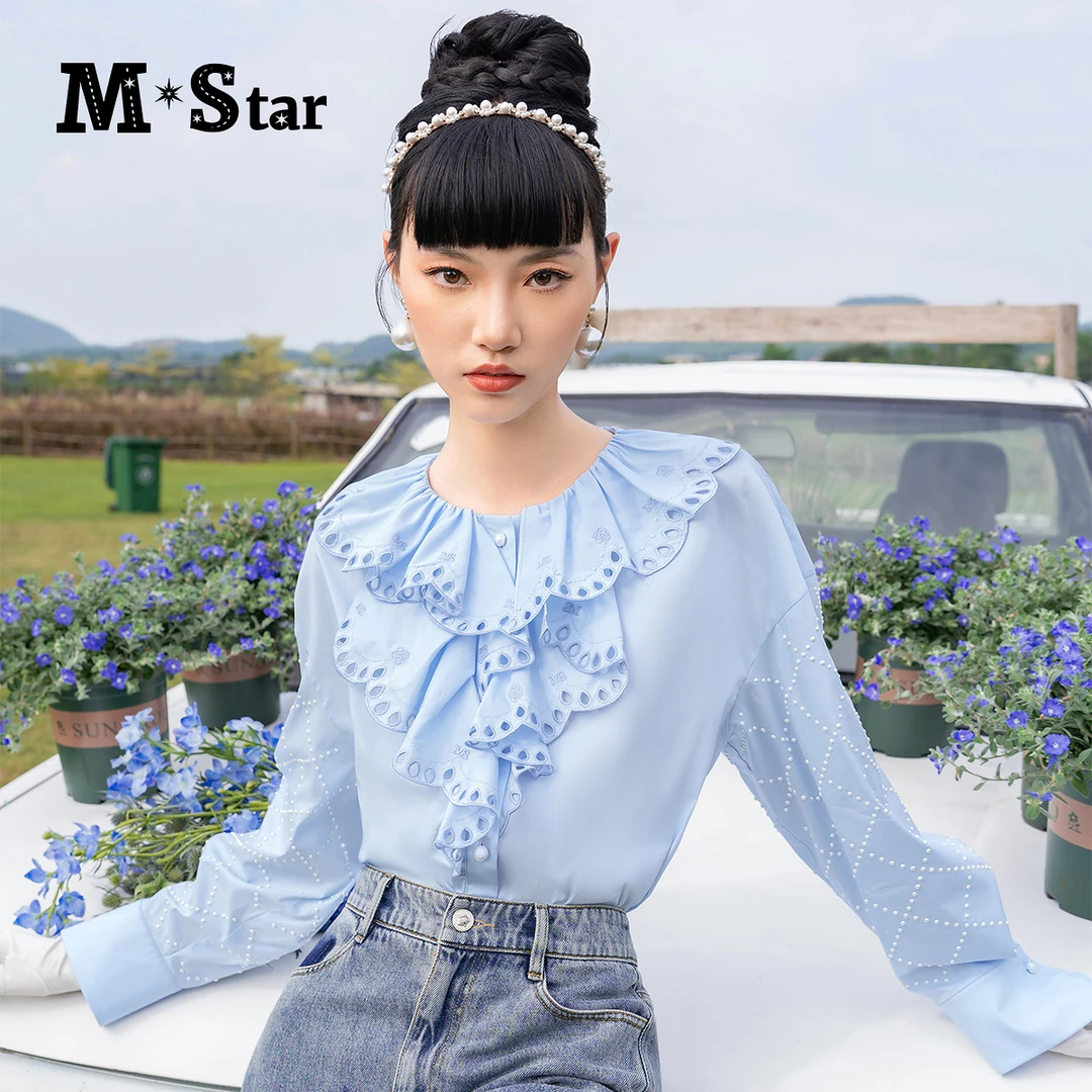 M-Star春季新款法式气质荷叶领绣花衬衫女时尚SFES113663