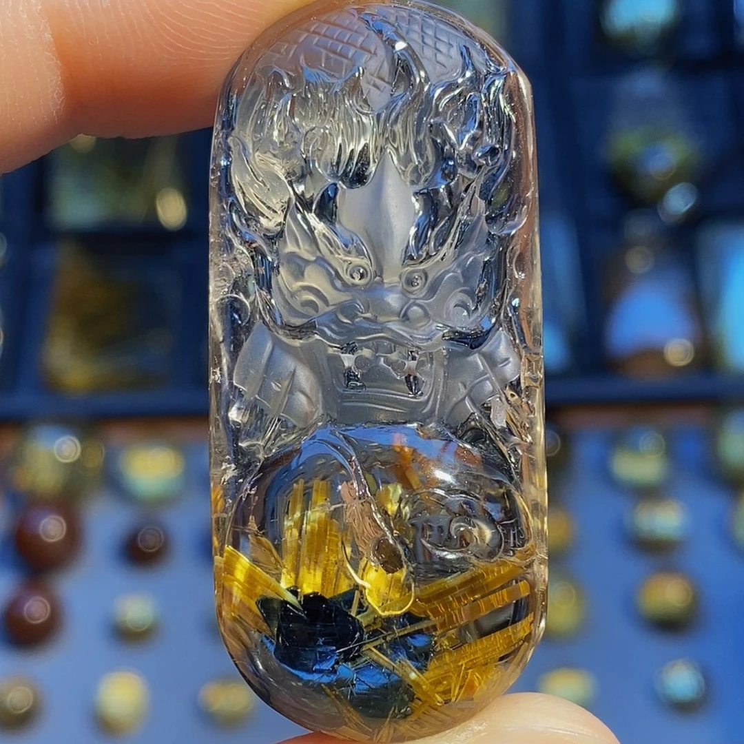 未镶嵌水晶颈饰天然钛晶花聚宝盆龙牌吊坠