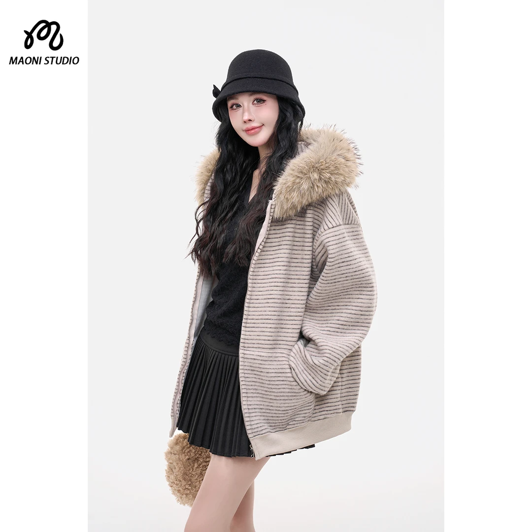 毛妮LADIESFIRST美式复古可拆卸毛领条纹连帽外套女秋冬新款L2517