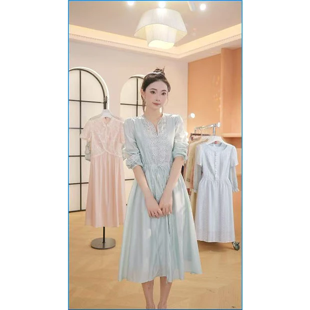 L556新款2025夏季法式复古长裙系带收腰遮肚子中长腰V领连衣裙女