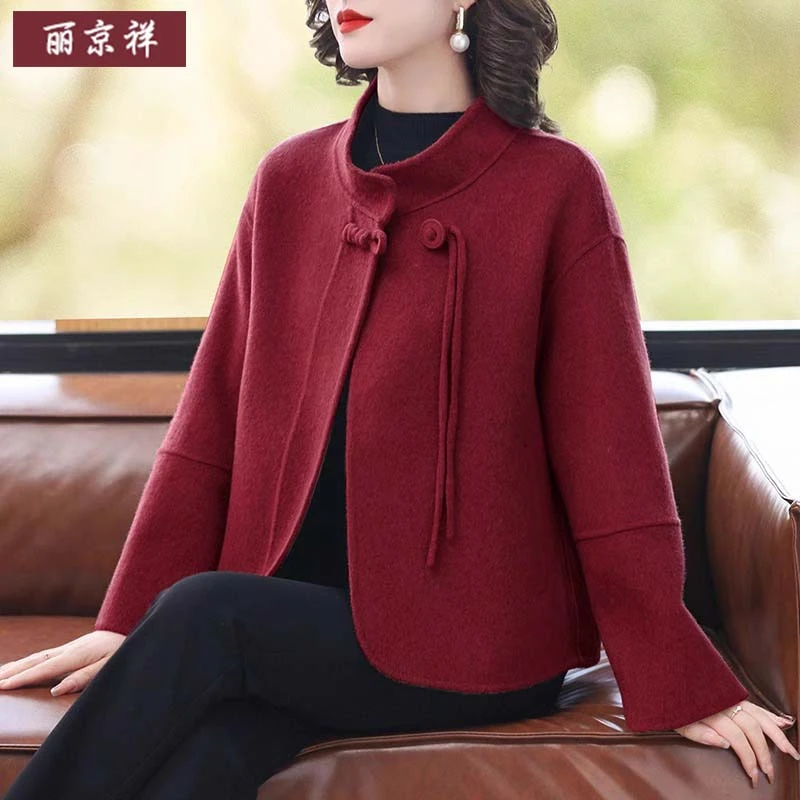 妈妈春装双面毛呢子外套本命年过年衣服中老年人女春秋款呢子大衣