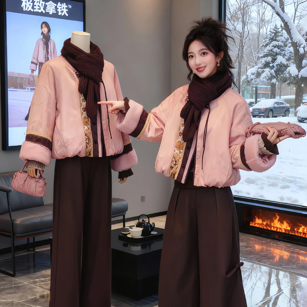 霖优法式可甜可盐炸街两件套女新中式粉色棉服外套高腰气质休闲裤