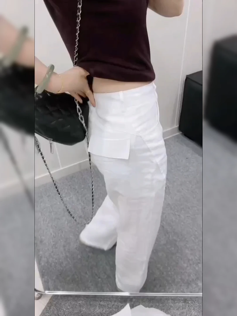 白色工装亚麻休闲裤女夏季薄款大码胖mm小个子宽松显瘦直筒阔腿裤