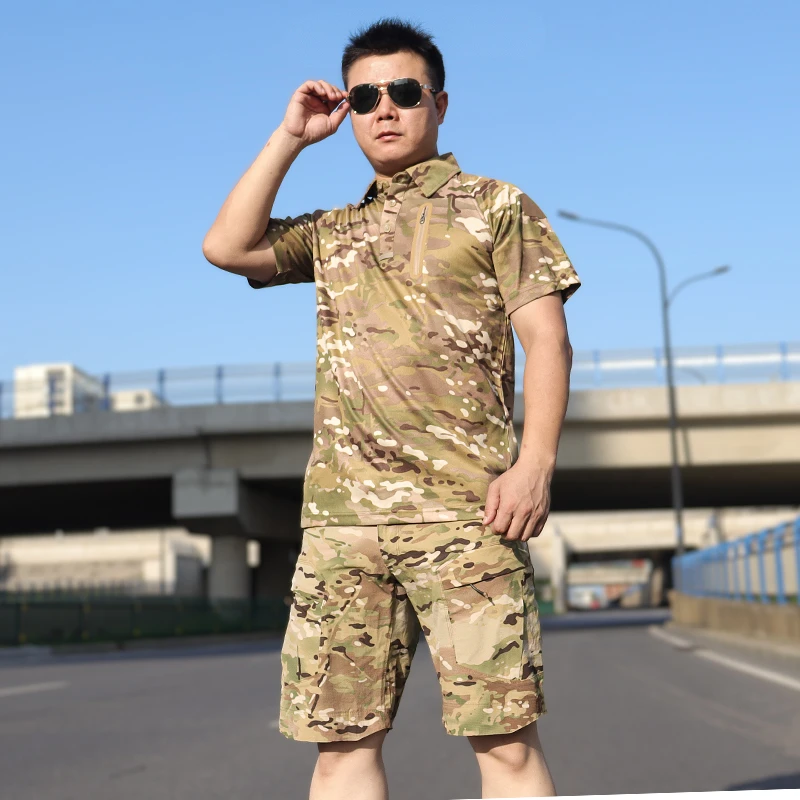 户外冰丝速干短袖迷彩套装弹力舒适户外工作服