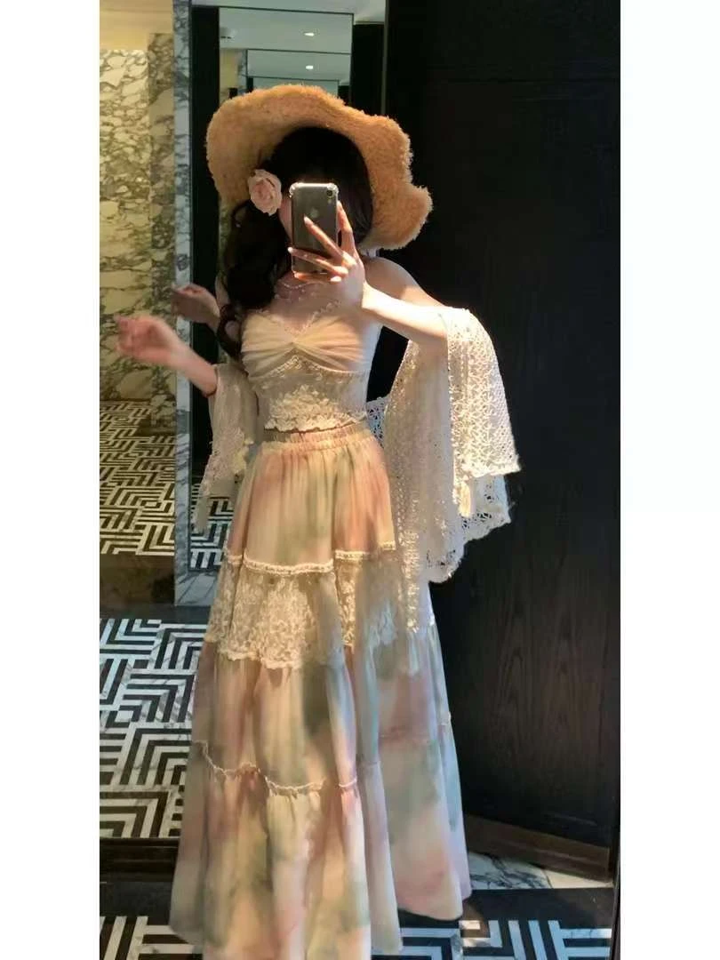 重工刺绣拼接印花套装裙女春浪漫晕染吊带上衣亮片流苏半裙两件套