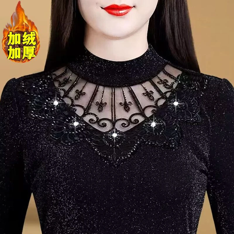 加绒/薄款镶钻黑色网纱打底衫长袖秋冬大码女显瘦遮肚保暖厚小衫